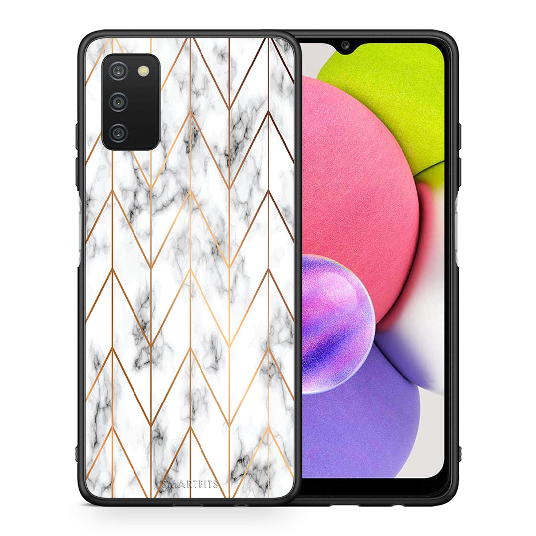 Θήκη Samsung A03s Gold Geometric Marble από τη Smartfits με σχέδιο στο πίσω μέρος και μαύρο περίβλημα | Samsung A03s Gold Geometric Marble case with colorful back and black bezels