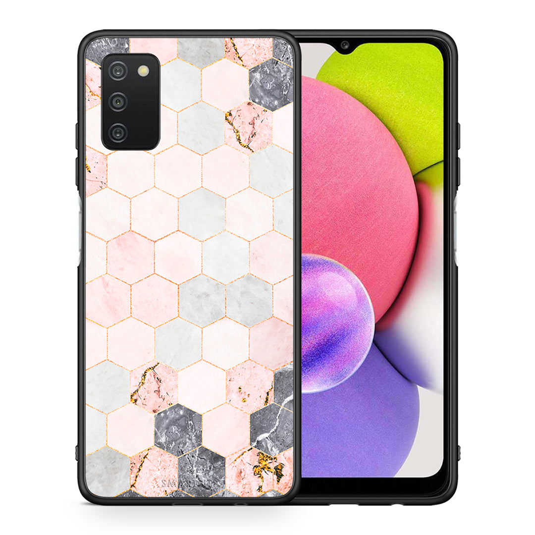 Θήκη Samsung A03s Hexagon Pink Marble από τη Smartfits με σχέδιο στο πίσω μέρος και μαύρο περίβλημα | Samsung A03s Hexagon Pink Marble case with colorful back and black bezels