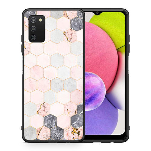 Θήκη Samsung A03s Hexagon Pink Marble από τη Smartfits με σχέδιο στο πίσω μέρος και μαύρο περίβλημα | Samsung A03s Hexagon Pink Marble case with colorful back and black bezels