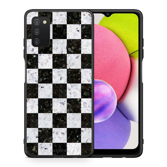 Θήκη Samsung A03s Square Geometric Marble από τη Smartfits με σχέδιο στο πίσω μέρος και μαύρο περίβλημα | Samsung A03s Square Geometric Marble case with colorful back and black bezels