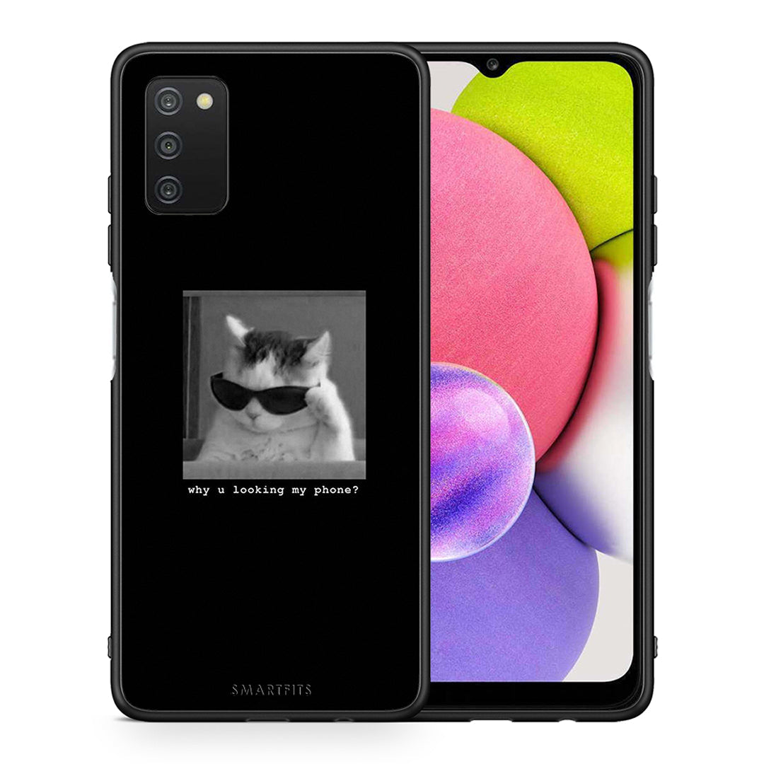 Θήκη Samsung A03s Meme Cat από τη Smartfits με σχέδιο στο πίσω μέρος και μαύρο περίβλημα | Samsung A03s Meme Cat case with colorful back and black bezels