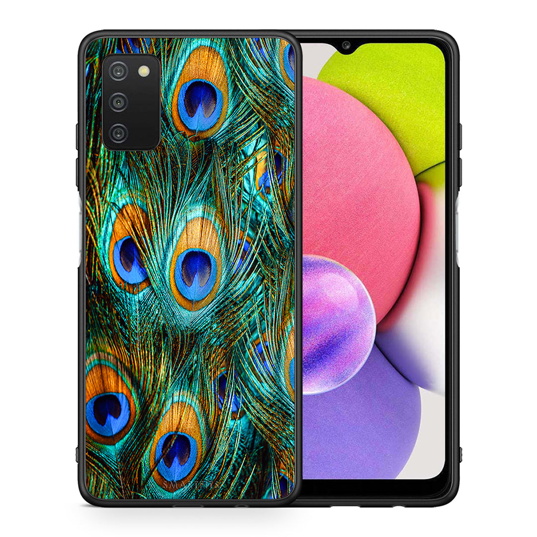 Θήκη Samsung A03s Real Peacock Feathers από τη Smartfits με σχέδιο στο πίσω μέρος και μαύρο περίβλημα | Samsung A03s Real Peacock Feathers case with colorful back and black bezels