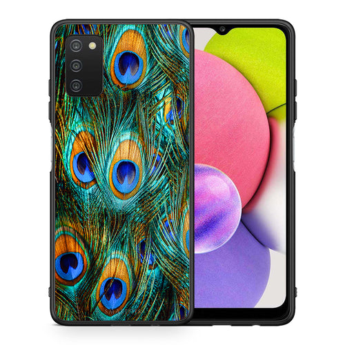 Θήκη Samsung A03s Real Peacock Feathers από τη Smartfits με σχέδιο στο πίσω μέρος και μαύρο περίβλημα | Samsung A03s Real Peacock Feathers case with colorful back and black bezels