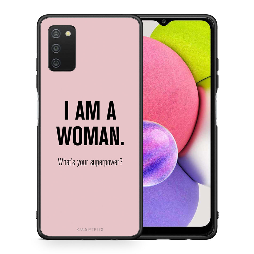 Θήκη Samsung A03s Superpower Woman από τη Smartfits με σχέδιο στο πίσω μέρος και μαύρο περίβλημα | Samsung A03s Superpower Woman case with colorful back and black bezels