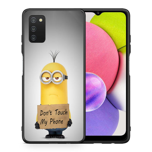 Θήκη Samsung A03s Minion Text από τη Smartfits με σχέδιο στο πίσω μέρος και μαύρο περίβλημα | Samsung A03s Minion Text case with colorful back and black bezels