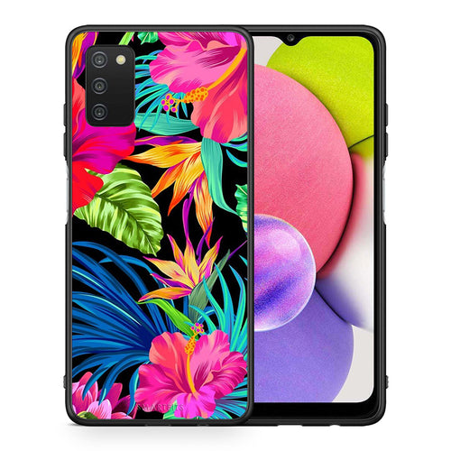 Θήκη Samsung A03s Tropical Flowers από τη Smartfits με σχέδιο στο πίσω μέρος και μαύρο περίβλημα | Samsung A03s Tropical Flowers case with colorful back and black bezels
