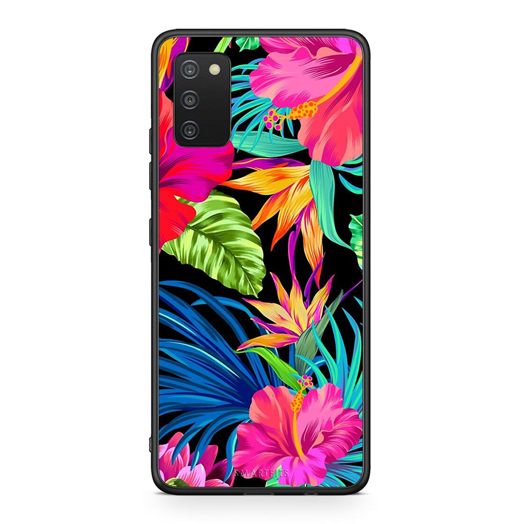 Samsung A03s Tropical Flowers θήκη από τη Smartfits με σχέδιο στο πίσω μέρος και μαύρο περίβλημα | Smartphone case with colorful back and black bezels by Smartfits