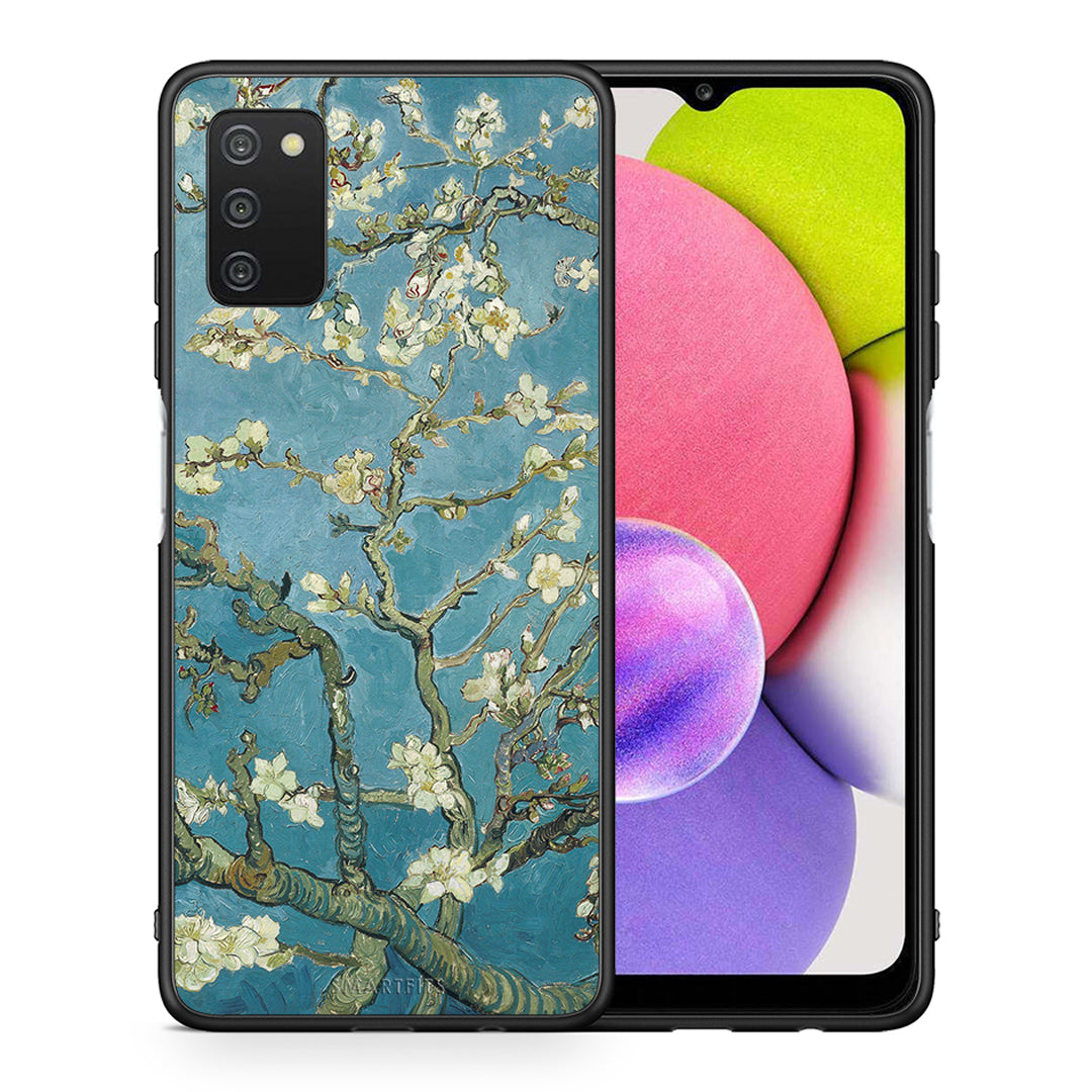 Θήκη Samsung A03s White Blossoms από τη Smartfits με σχέδιο στο πίσω μέρος και μαύρο περίβλημα | Samsung A03s White Blossoms case with colorful back and black bezels