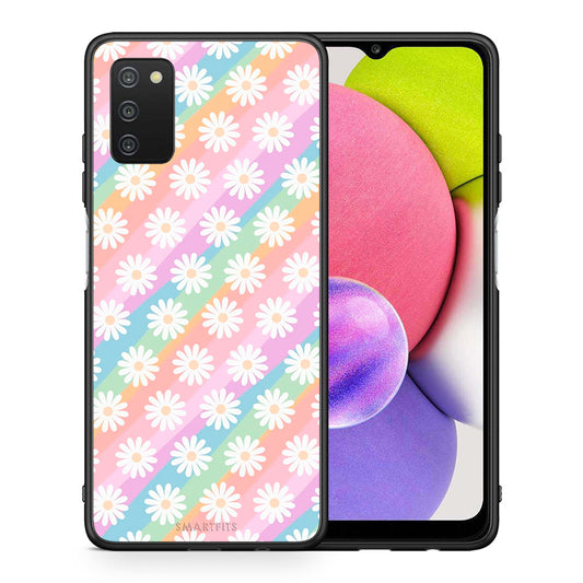 Θήκη Samsung A03s White Daisies από τη Smartfits με σχέδιο στο πίσω μέρος και μαύρο περίβλημα | Samsung A03s White Daisies case with colorful back and black bezels