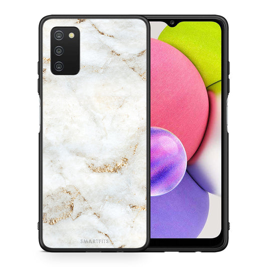 Θήκη Samsung A03s White Gold Marble από τη Smartfits με σχέδιο στο πίσω μέρος και μαύρο περίβλημα | Samsung A03s White Gold Marble case with colorful back and black bezels