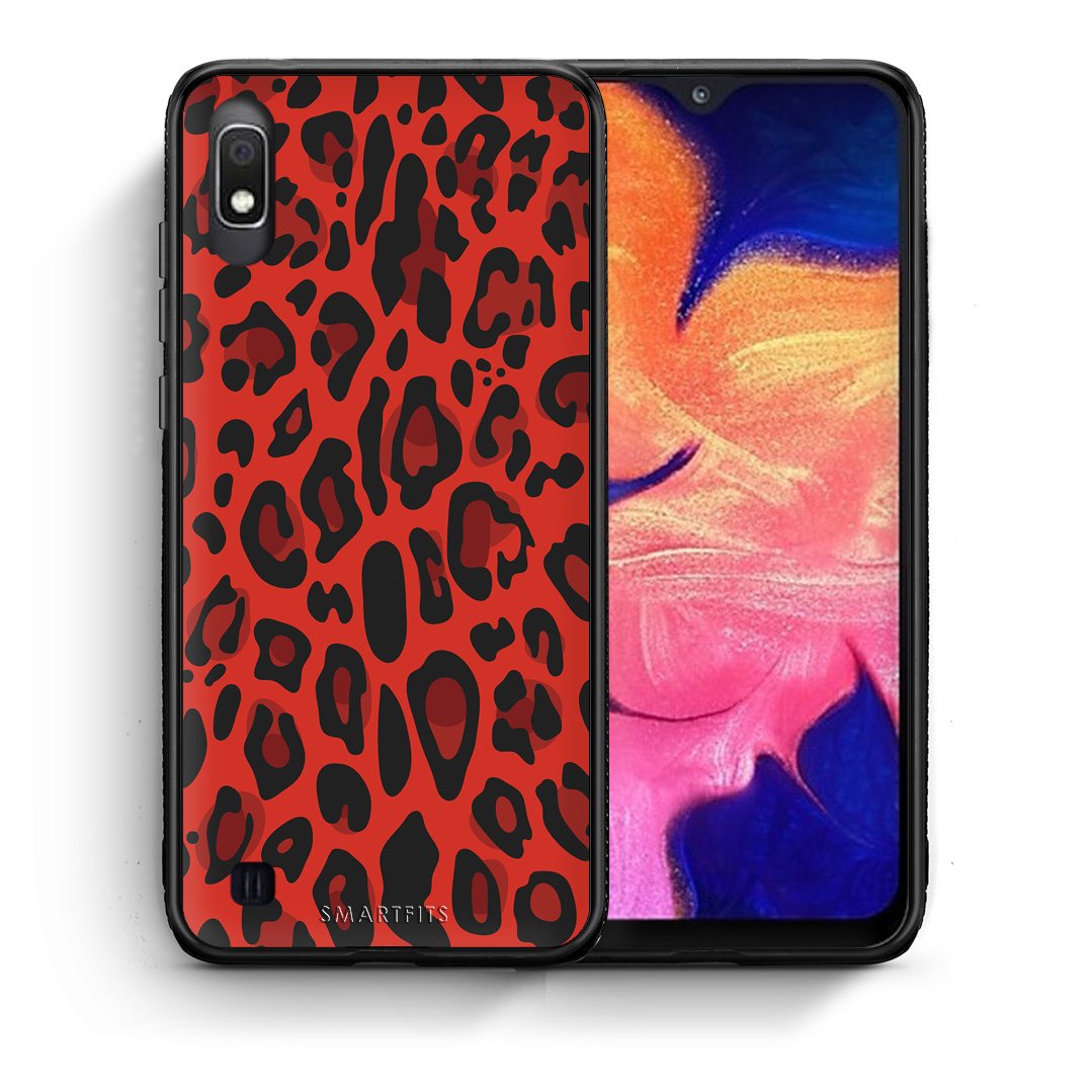 Θήκη Samsung A10 Red Leopard Animal από τη Smartfits με σχέδιο στο πίσω μέρος και μαύρο περίβλημα | Samsung A10 Red Leopard Animal case with colorful back and black bezels