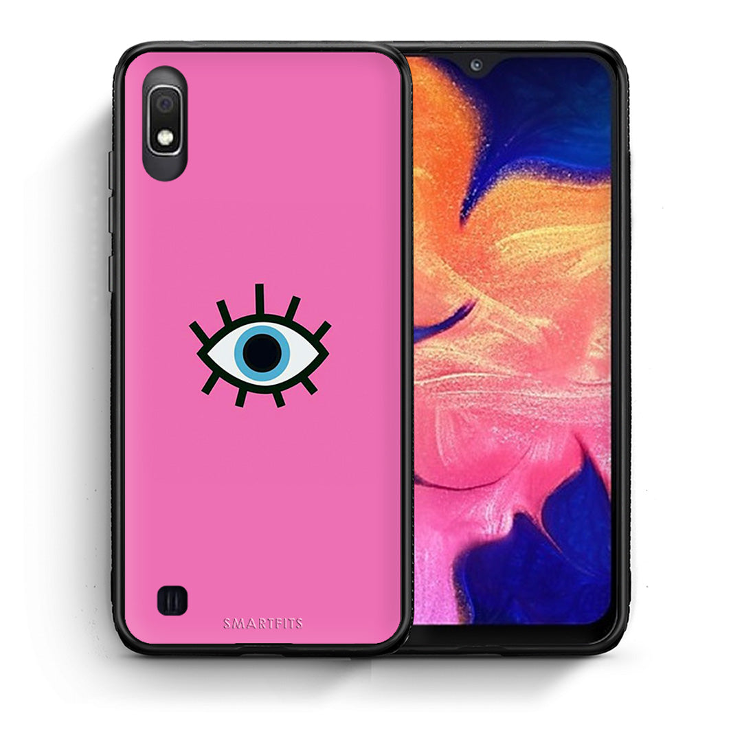 Θήκη Samsung A10 Blue Eye Pink από τη Smartfits με σχέδιο στο πίσω μέρος και μαύρο περίβλημα | Samsung A10 Blue Eye Pink case with colorful back and black bezels