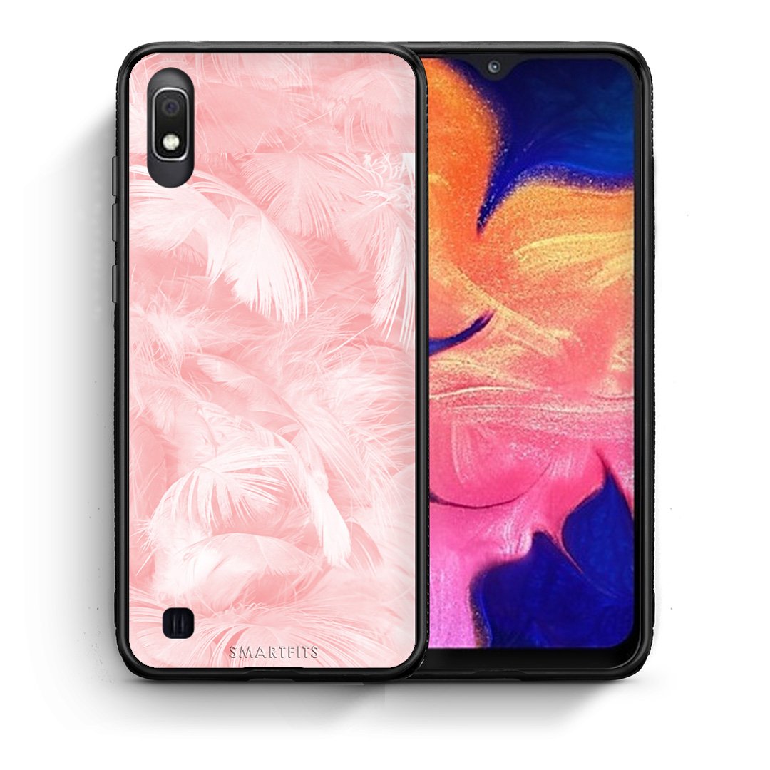 Θήκη Samsung A10 Pink Feather Boho από τη Smartfits με σχέδιο στο πίσω μέρος και μαύρο περίβλημα | Samsung A10 Pink Feather Boho case with colorful back and black bezels