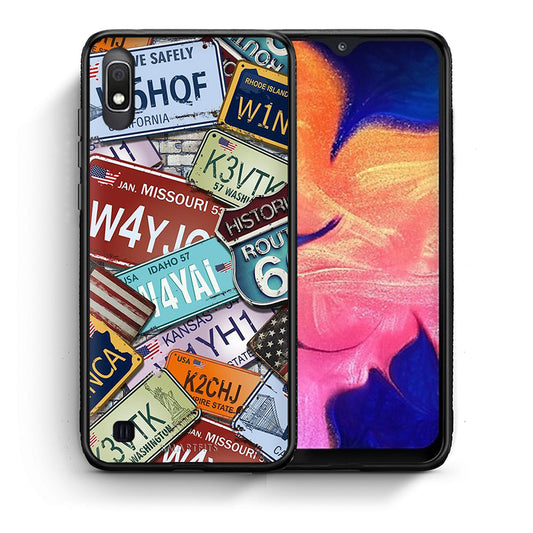 Θήκη Samsung A10 Car Plates από τη Smartfits με σχέδιο στο πίσω μέρος και μαύρο περίβλημα | Samsung A10 Car Plates case with colorful back and black bezels