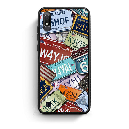Samsung A10 Car Plates θήκη από τη Smartfits με σχέδιο στο πίσω μέρος και μαύρο περίβλημα | Smartphone case with colorful back and black bezels by Smartfits