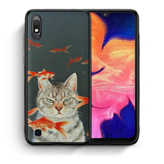 Θήκη Samsung A10 Cat Goldfish από τη Smartfits με σχέδιο στο πίσω μέρος και μαύρο περίβλημα | Samsung A10 Cat Goldfish case with colorful back and black bezels
