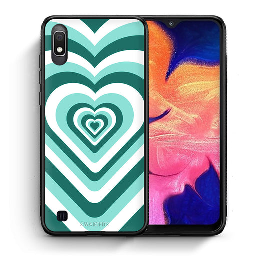 Θήκη Samsung A10 Green Hearts από τη Smartfits με σχέδιο στο πίσω μέρος και μαύρο περίβλημα | Samsung A10 Green Hearts case with colorful back and black bezels