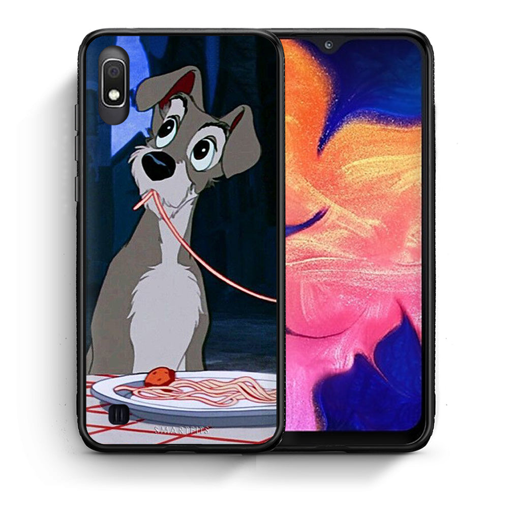 Θήκη Αγίου Βαλεντίνου Samsung A10 Lady And Tramp 1 από τη Smartfits με σχέδιο στο πίσω μέρος και μαύρο περίβλημα | Samsung A10 Lady And Tramp 1 case with colorful back and black bezels