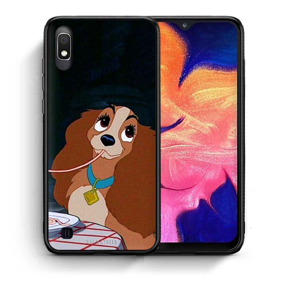 Θήκη Αγίου Βαλεντίνου Samsung A10 Lady And Tramp 2 από τη Smartfits με σχέδιο στο πίσω μέρος και μαύρο περίβλημα | Samsung A10 Lady And Tramp 2 case with colorful back and black bezels