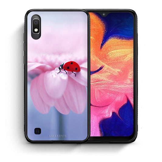Θήκη Samsung A10 Ladybug Flower από τη Smartfits με σχέδιο στο πίσω μέρος και μαύρο περίβλημα | Samsung A10 Ladybug Flower case with colorful back and black bezels
