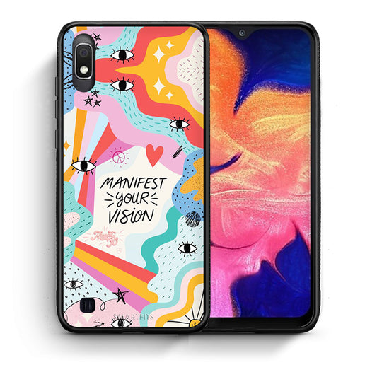 Θήκη Samsung A10 Manifest Your Vision από τη Smartfits με σχέδιο στο πίσω μέρος και μαύρο περίβλημα | Samsung A10 Manifest Your Vision case with colorful back and black bezels