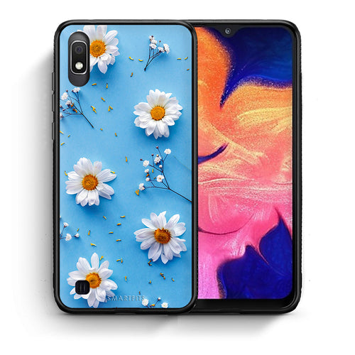 Θήκη Samsung A10 Real Daisies από τη Smartfits με σχέδιο στο πίσω μέρος και μαύρο περίβλημα | Samsung A10 Real Daisies case with colorful back and black bezels