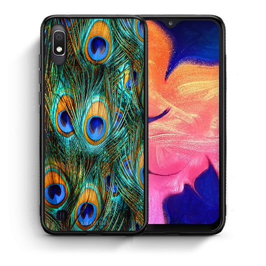 Θήκη Samsung A10 Real Peacock Feathers από τη Smartfits με σχέδιο στο πίσω μέρος και μαύρο περίβλημα | Samsung A10 Real Peacock Feathers case with colorful back and black bezels