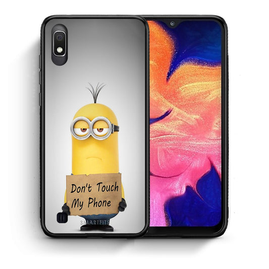 Θήκη Samsung A10 Minion Text από τη Smartfits με σχέδιο στο πίσω μέρος και μαύρο περίβλημα | Samsung A10 Minion Text case with colorful back and black bezels