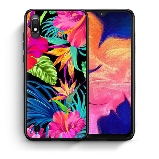Θήκη Samsung A10 Tropical Flowers από τη Smartfits με σχέδιο στο πίσω μέρος και μαύρο περίβλημα | Samsung A10 Tropical Flowers case with colorful back and black bezels