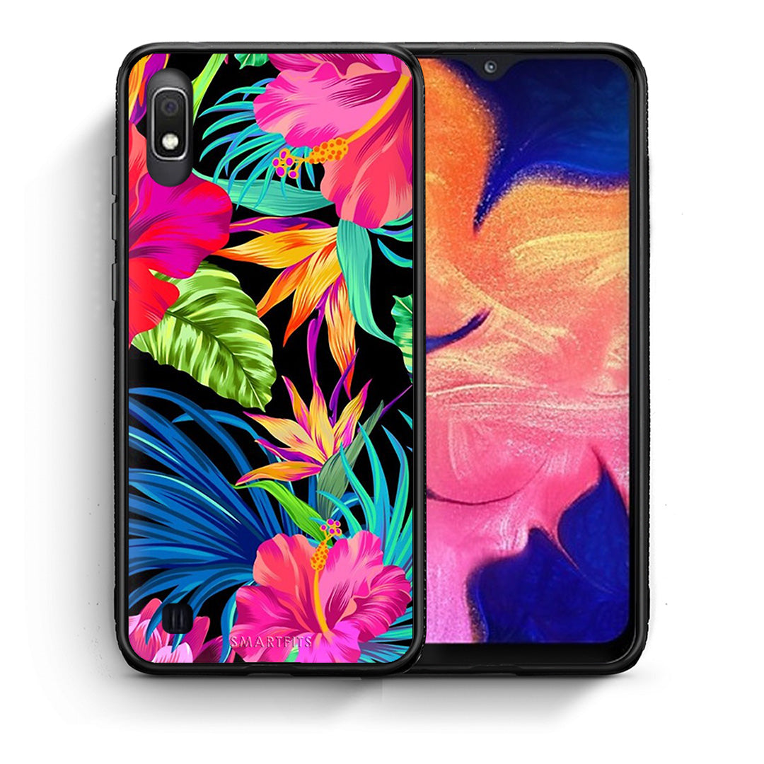 Θήκη Samsung A10 Tropical Flowers από τη Smartfits με σχέδιο στο πίσω μέρος και μαύρο περίβλημα | Samsung A10 Tropical Flowers case with colorful back and black bezels