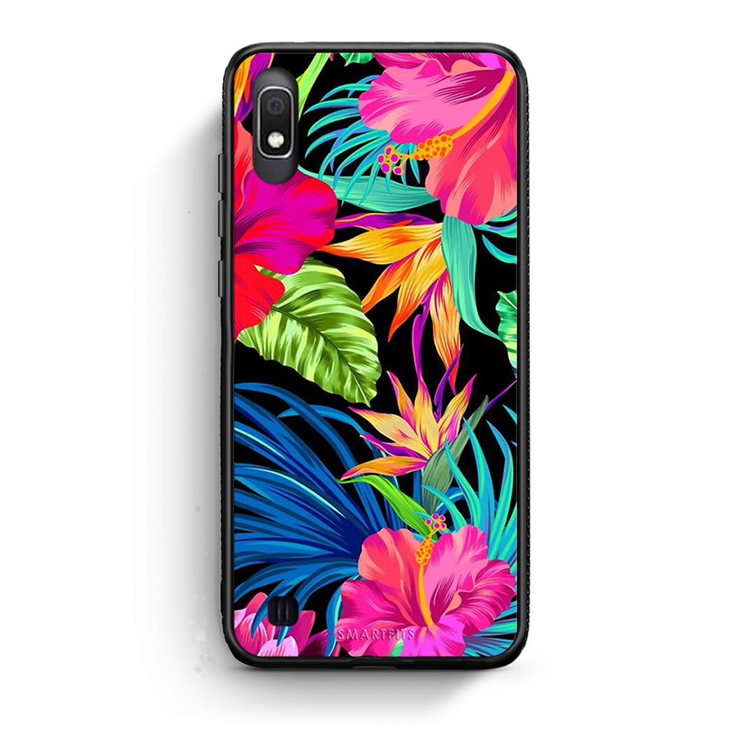 Samsung A10 Tropical Flowers θήκη από τη Smartfits με σχέδιο στο πίσω μέρος και μαύρο περίβλημα | Smartphone case with colorful back and black bezels by Smartfits