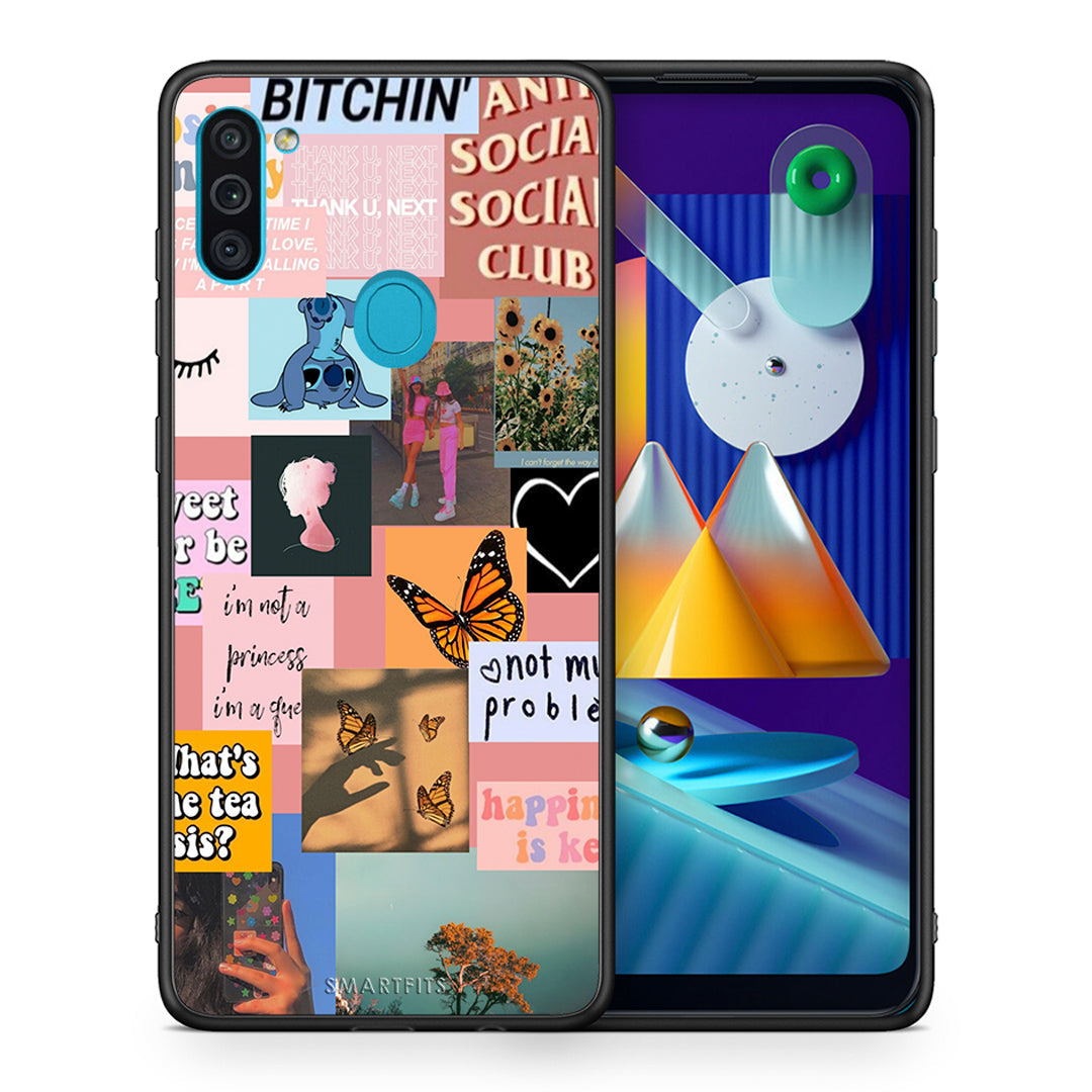 Θήκη Αγίου Βαλεντίνου Samsung A11 / M11 Collage Bitchin από τη Smartfits με σχέδιο στο πίσω μέρος και μαύρο περίβλημα | Samsung A11 / M11 Collage Bitchin case with colorful back and black bezels