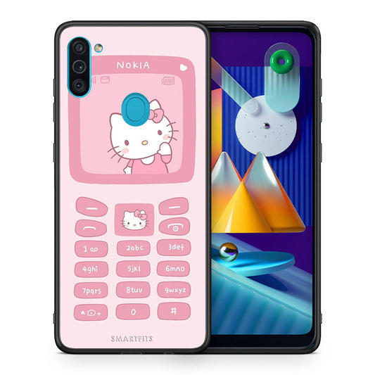Θήκη Αγίου Βαλεντίνου Samsung A11 / M11 Hello Kitten από τη Smartfits με σχέδιο στο πίσω μέρος και μαύρο περίβλημα | Samsung A11 / M11 Hello Kitten case with colorful back and black bezels