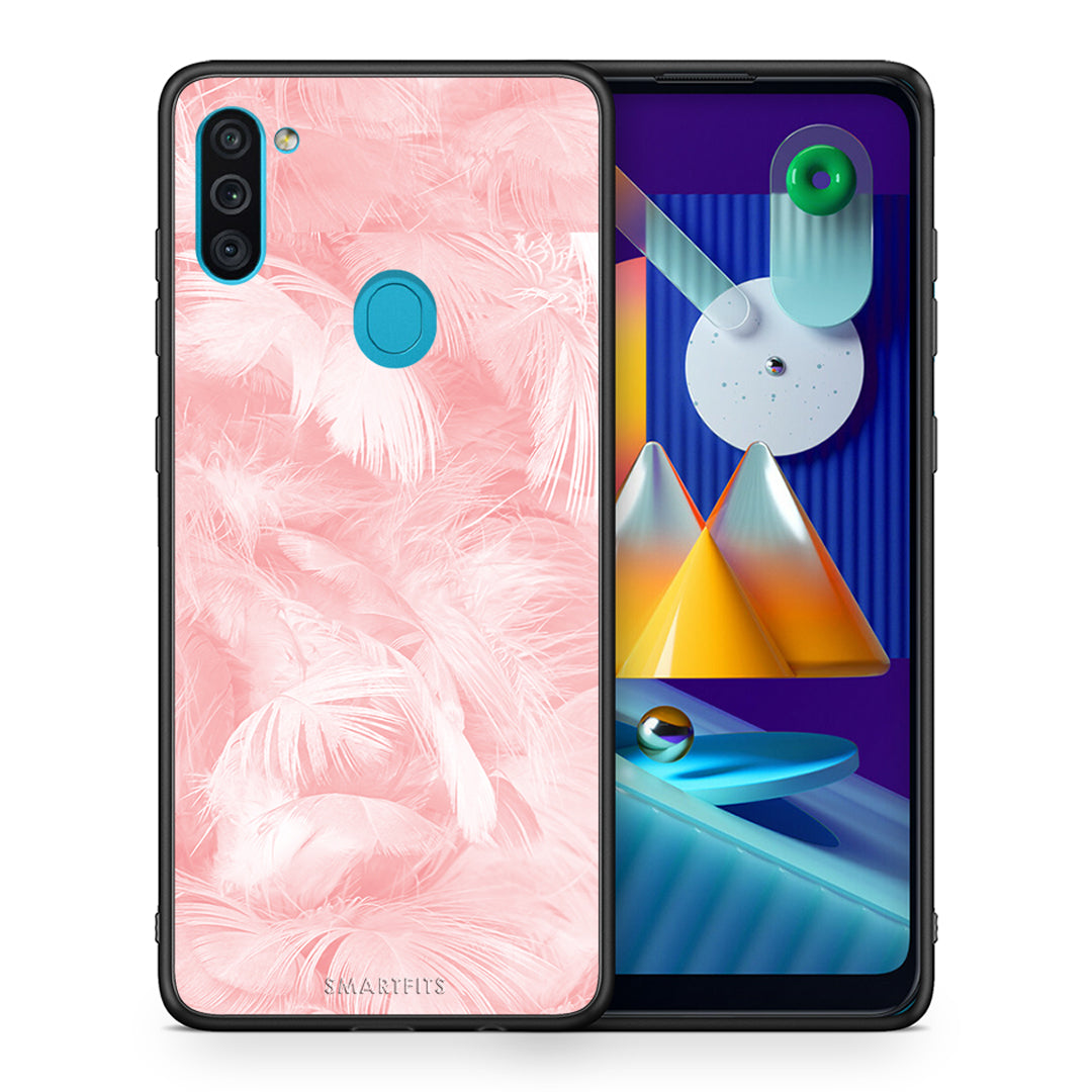 Θήκη Samsung A11/M11 Pink Feather Boho από τη Smartfits με σχέδιο στο πίσω μέρος και μαύρο περίβλημα | Samsung A11/M11 Pink Feather Boho case with colorful back and black bezels