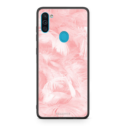 33 - Samsung A11/M11 Pink Feather Boho case, cover, bumper
