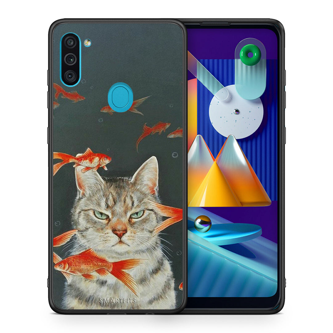 Θήκη Samsung A11/M11 Cat Goldfish από τη Smartfits με σχέδιο στο πίσω μέρος και μαύρο περίβλημα | Samsung A11/M11 Cat Goldfish case with colorful back and black bezels