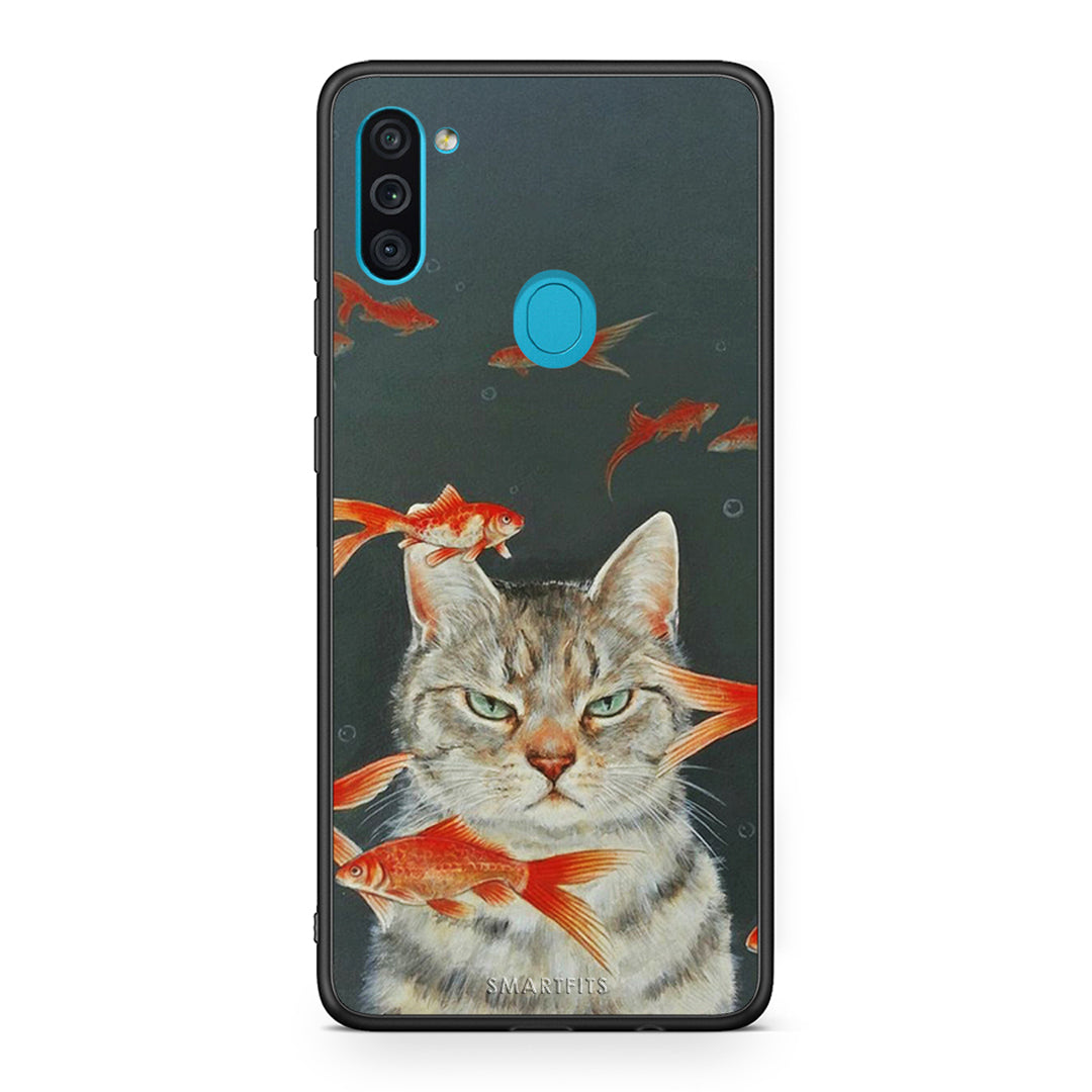 Samsung A11/M11 Cat Goldfish θήκη από τη Smartfits με σχέδιο στο πίσω μέρος και μαύρο περίβλημα | Smartphone case with colorful back and black bezels by Smartfits