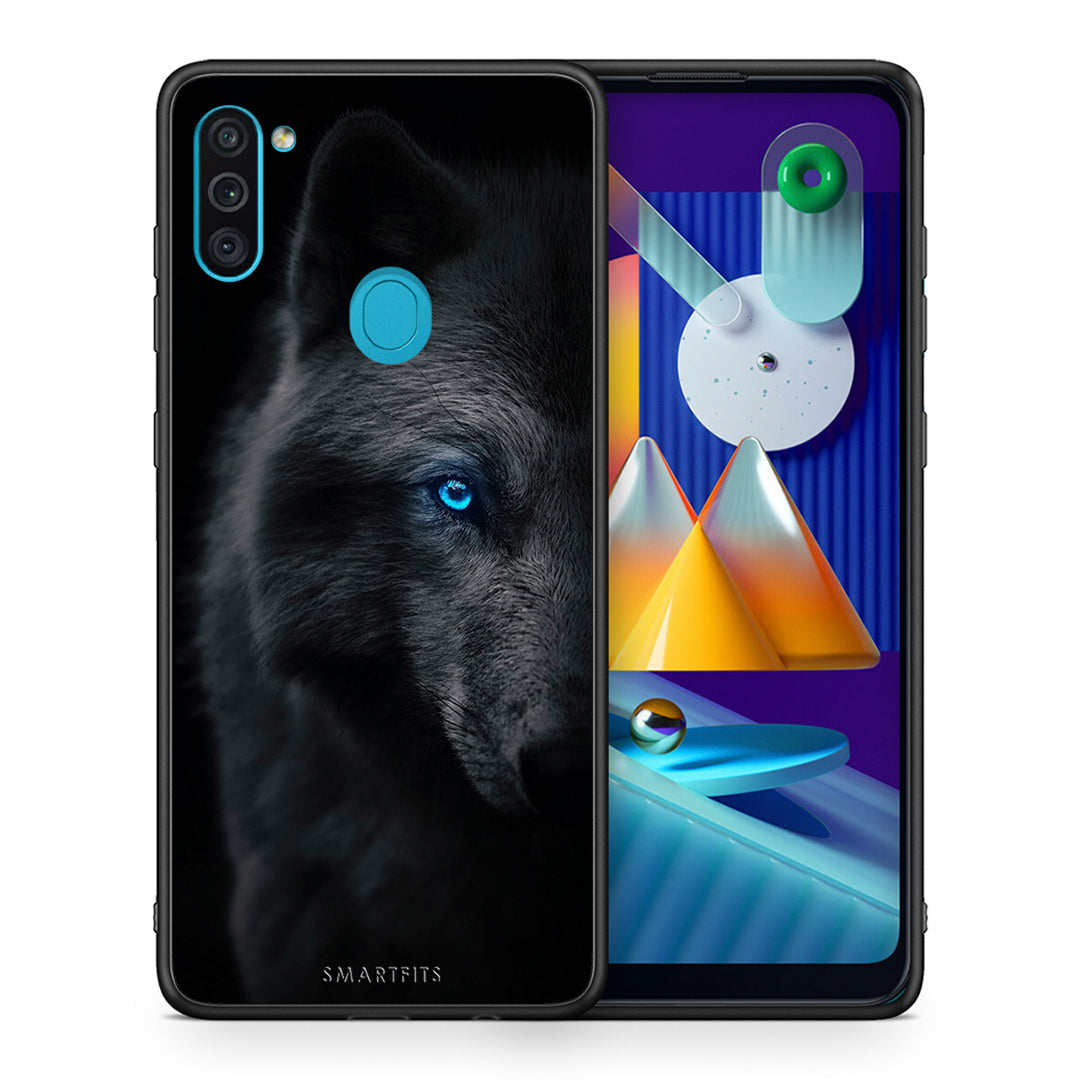 Θήκη Samsung A11/M11 Dark Wolf από τη Smartfits με σχέδιο στο πίσω μέρος και μαύρο περίβλημα | Samsung A11/M11 Dark Wolf case with colorful back and black bezels