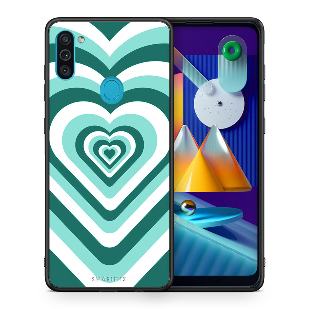 Θήκη Samsung A11/M11 Green Hearts από τη Smartfits με σχέδιο στο πίσω μέρος και μαύρο περίβλημα | Samsung A11/M11 Green Hearts case with colorful back and black bezels