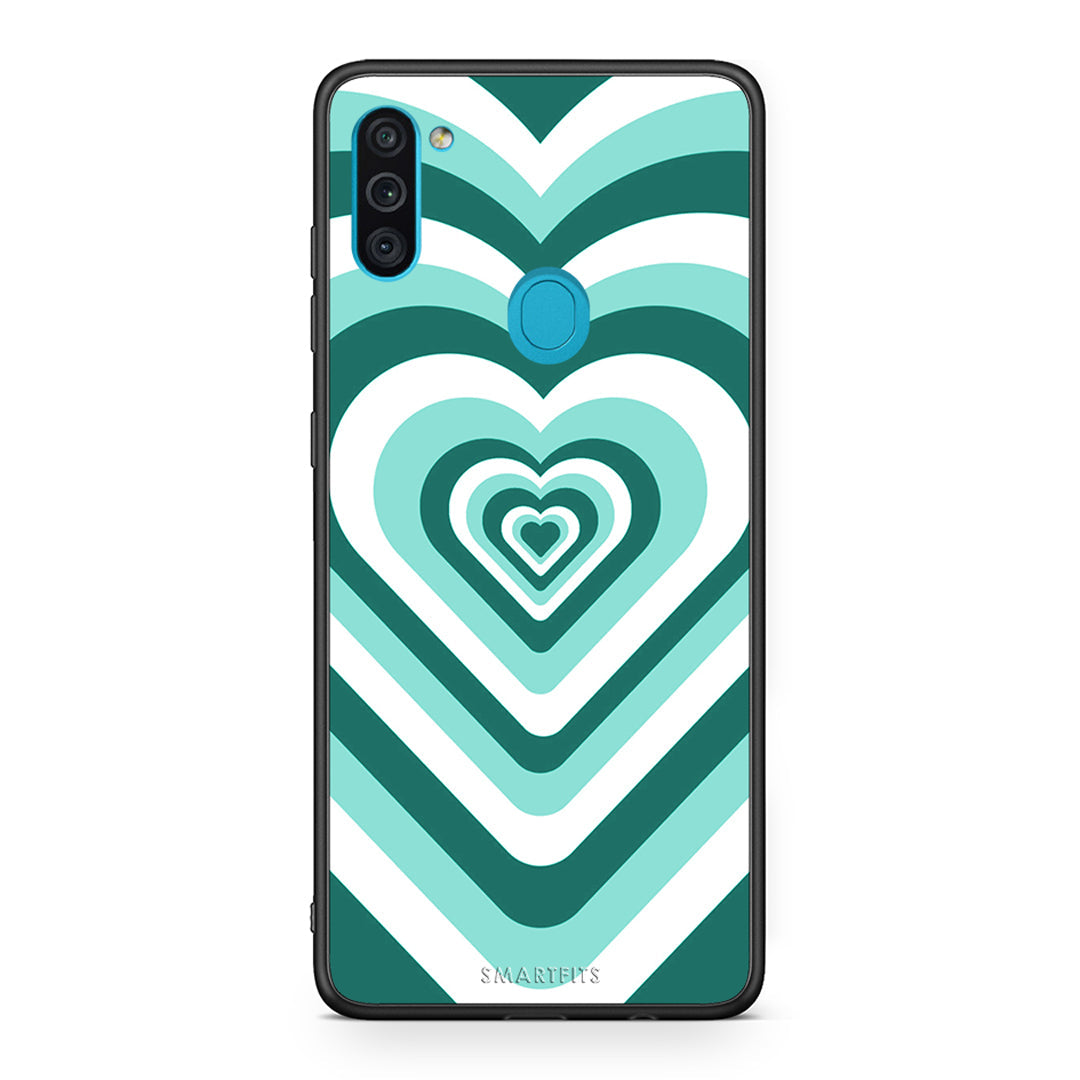 Samsung A11/M11 Green Hearts θήκη από τη Smartfits με σχέδιο στο πίσω μέρος και μαύρο περίβλημα | Smartphone case with colorful back and black bezels by Smartfits