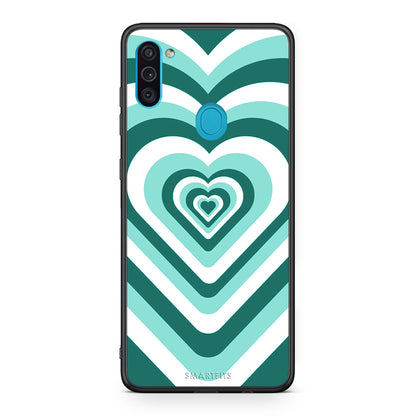 Samsung A11/M11 Green Hearts θήκη από τη Smartfits με σχέδιο στο πίσω μέρος και μαύρο περίβλημα | Smartphone case with colorful back and black bezels by Smartfits