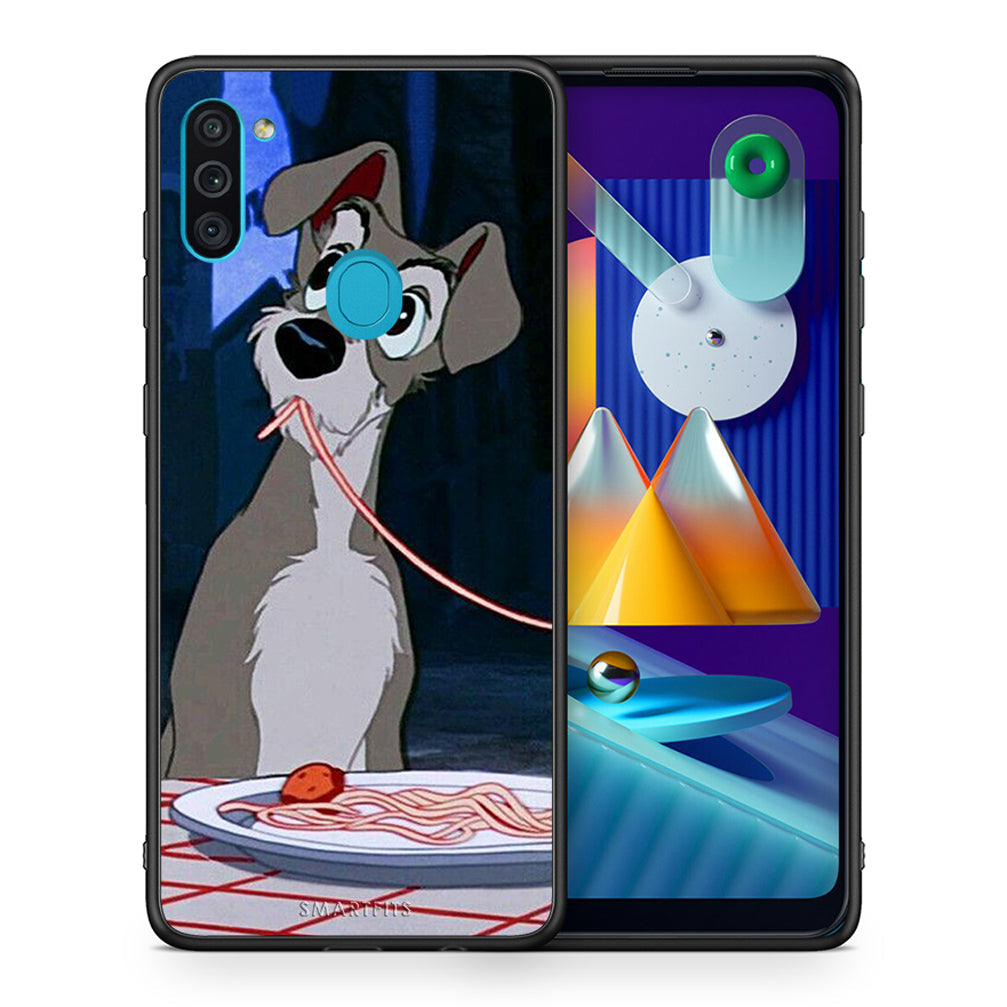 Θήκη Αγίου Βαλεντίνου Samsung A11 / M11 Lady And Tramp 1 από τη Smartfits με σχέδιο στο πίσω μέρος και μαύρο περίβλημα | Samsung A11 / M11 Lady And Tramp 1 case with colorful back and black bezels