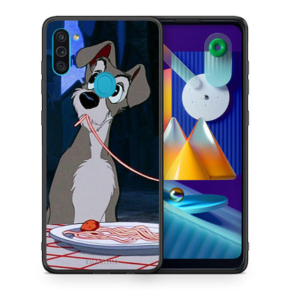 Θήκη Αγίου Βαλεντίνου Samsung A11 / M11 Lady And Tramp 1 από τη Smartfits με σχέδιο στο πίσω μέρος και μαύρο περίβλημα | Samsung A11 / M11 Lady And Tramp 1 case with colorful back and black bezels