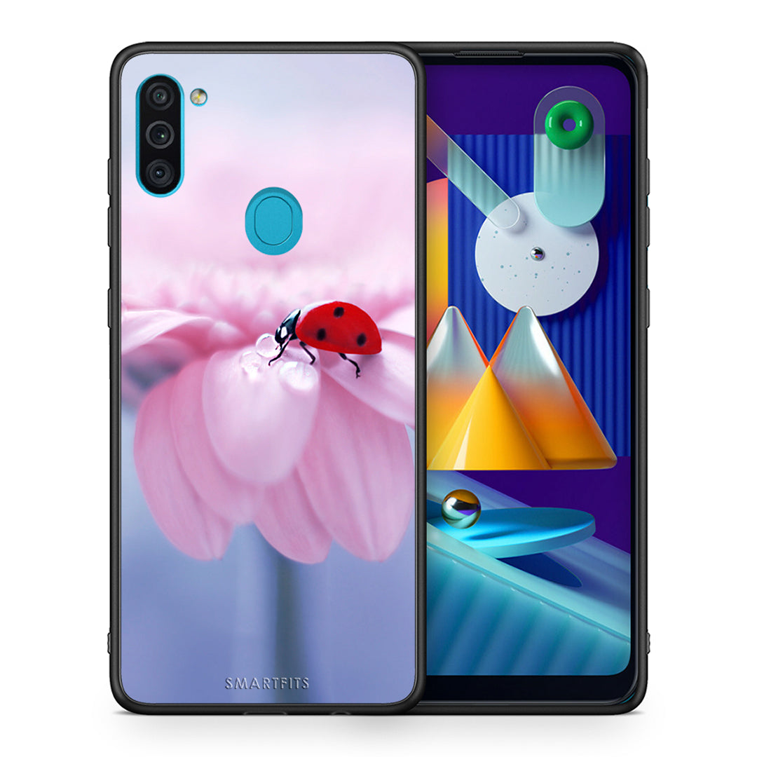 Θήκη Samsung A11/M11 Ladybug Flower από τη Smartfits με σχέδιο στο πίσω μέρος και μαύρο περίβλημα | Samsung A11/M11 Ladybug Flower case with colorful back and black bezels