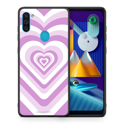 Θήκη Samsung A11/M11 Lilac Hearts από τη Smartfits με σχέδιο στο πίσω μέρος και μαύρο περίβλημα | Samsung A11/M11 Lilac Hearts case with colorful back and black bezels
