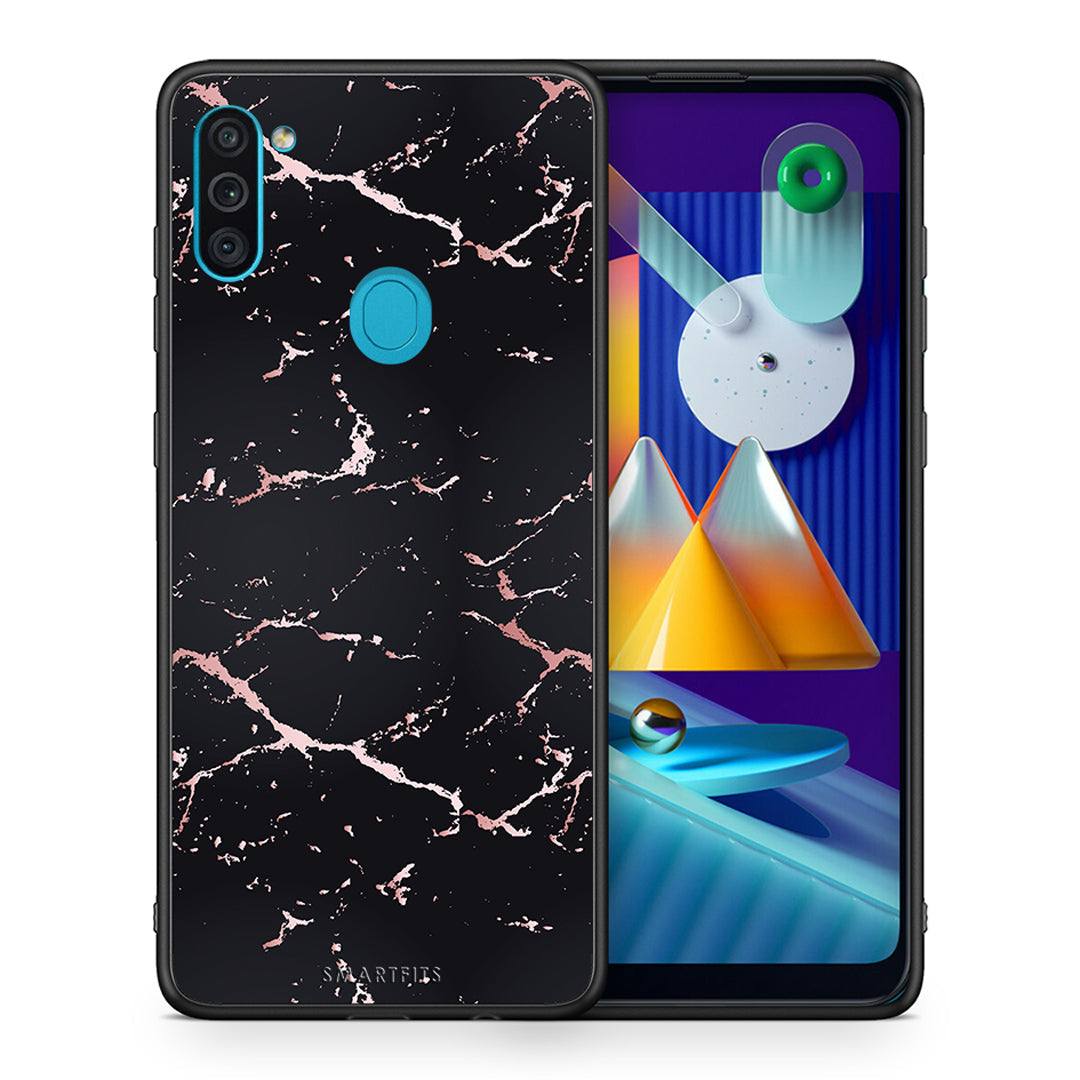Θήκη Samsung A11/M11 Black Rosegold Marble από τη Smartfits με σχέδιο στο πίσω μέρος και μαύρο περίβλημα | Samsung A11/M11 Black Rosegold Marble case with colorful back and black bezels