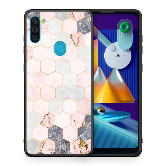 Θήκη Samsung A11/M11 Hexagon Pink Marble από τη Smartfits με σχέδιο στο πίσω μέρος και μαύρο περίβλημα | Samsung A11/M11 Hexagon Pink Marble case with colorful back and black bezels