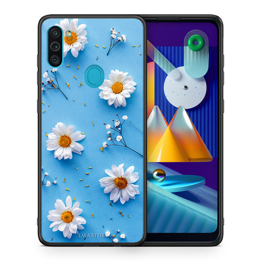 Θήκη Samsung A11/M11 Real Daisies από τη Smartfits με σχέδιο στο πίσω μέρος και μαύρο περίβλημα | Samsung A11/M11 Real Daisies case with colorful back and black bezels