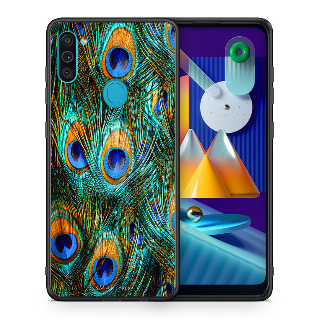 Θήκη Samsung A11/M11 Real Peacock Feathers από τη Smartfits με σχέδιο στο πίσω μέρος και μαύρο περίβλημα | Samsung A11/M11 Real Peacock Feathers case with colorful back and black bezels