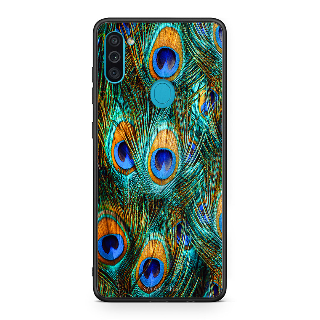 Samsung A11/M11 Real Peacock Feathers θήκη από τη Smartfits με σχέδιο στο πίσω μέρος και μαύρο περίβλημα | Smartphone case with colorful back and black bezels by Smartfits